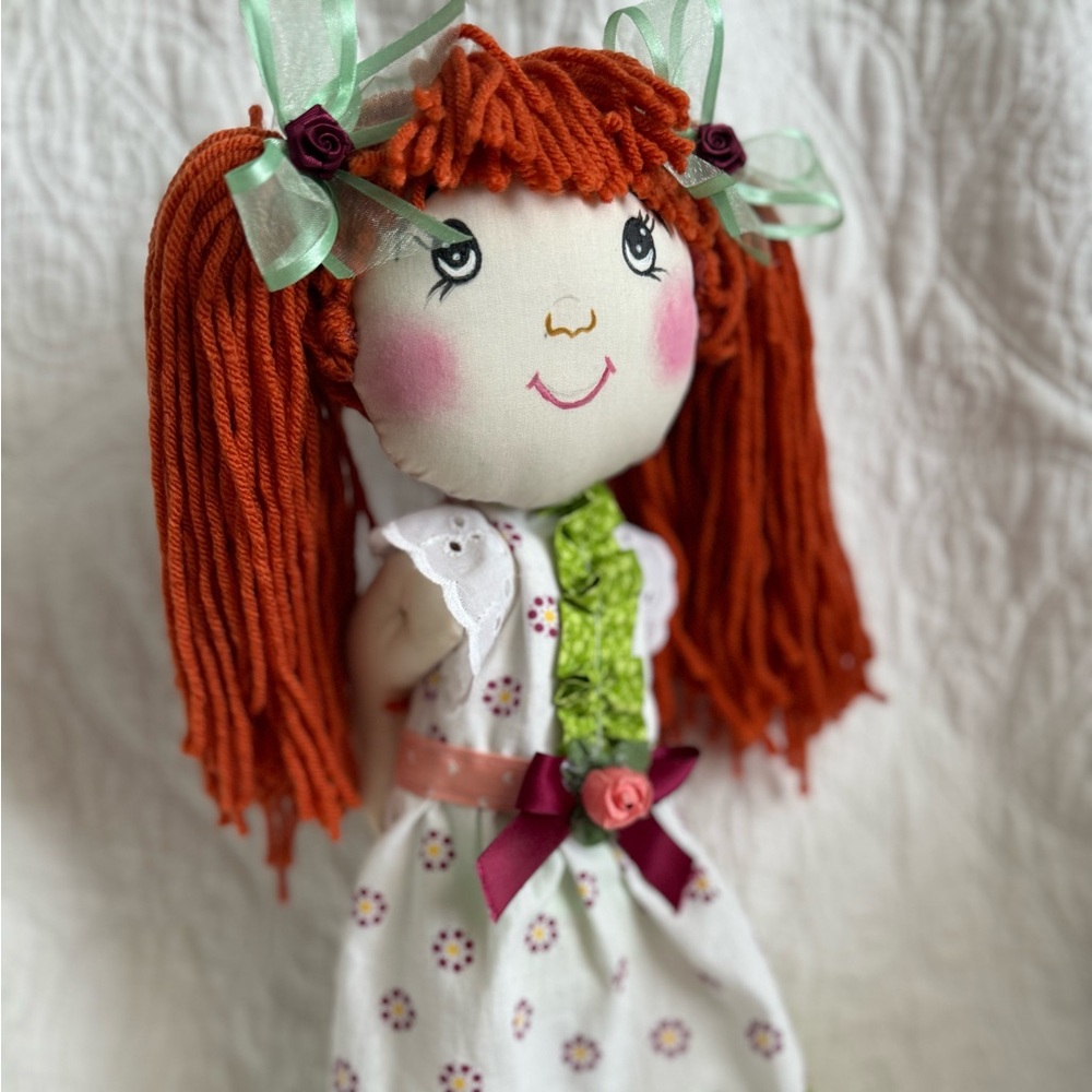 Handcrafted Doll with Red Hair and Floral Dress